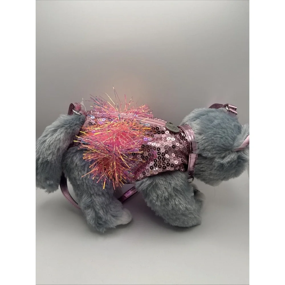 Poochie & Co Gray Plush Kitty Purse w/Strap Pink Sequined TuTu Collar & Tag Zip